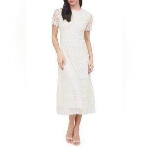 AUGUST SKY Scalloped Lace Midi Dress Ivory